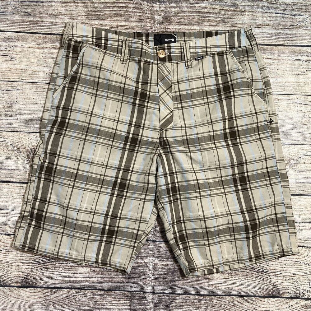 HURLEY Men’s 34 Shorts Flat Front Beige Brown Plaid Golf